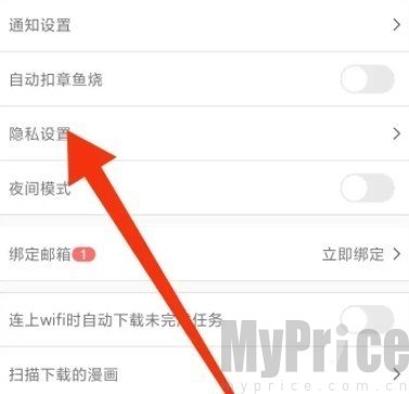 JM漫画设置页面找到隐私设置界面