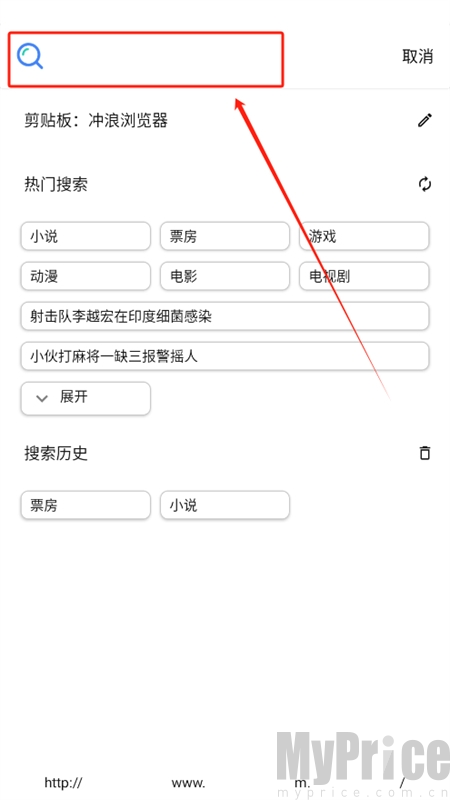 冲浪浏览器首页搜索框界面