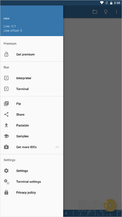 Pydroid3左侧功能分类菜单截图