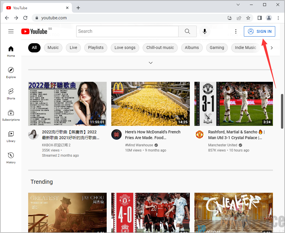 YouTube官网首页登录按钮位置截图
