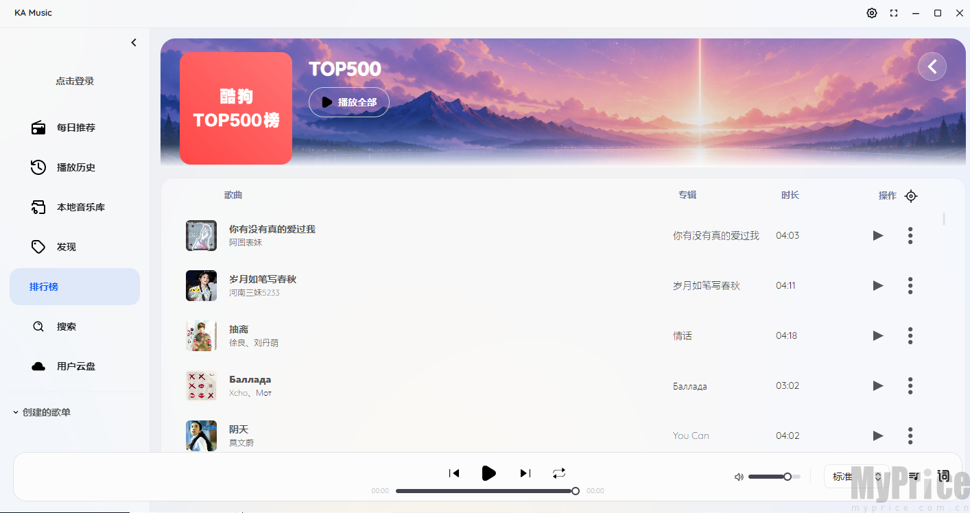 KA Music歌曲播放操作页面