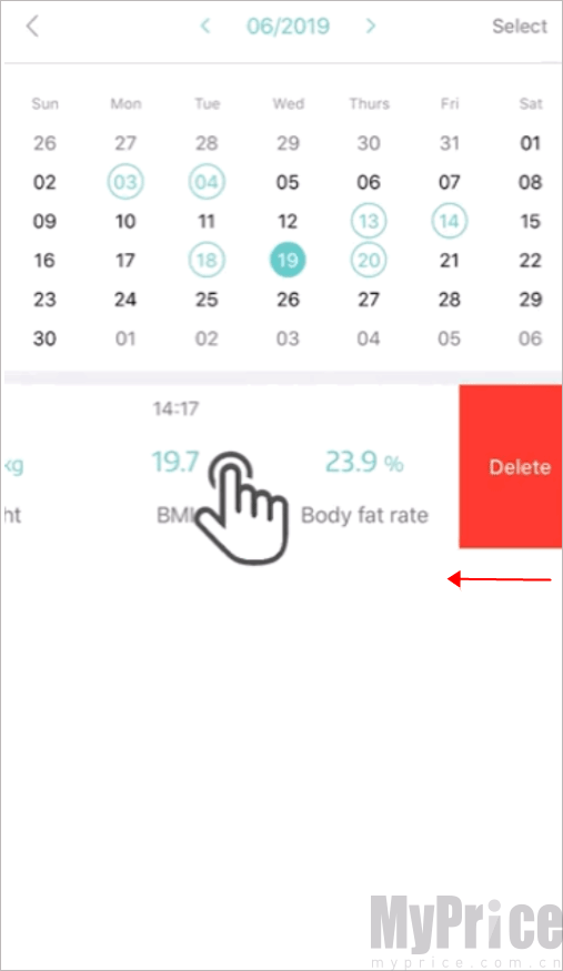 Fitdays左滑删除记录操作界面