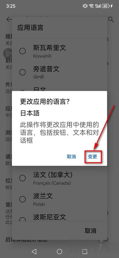 YouTube语言修改确认变更弹窗界面