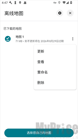 Google地图已下载离线地图管理列表界面