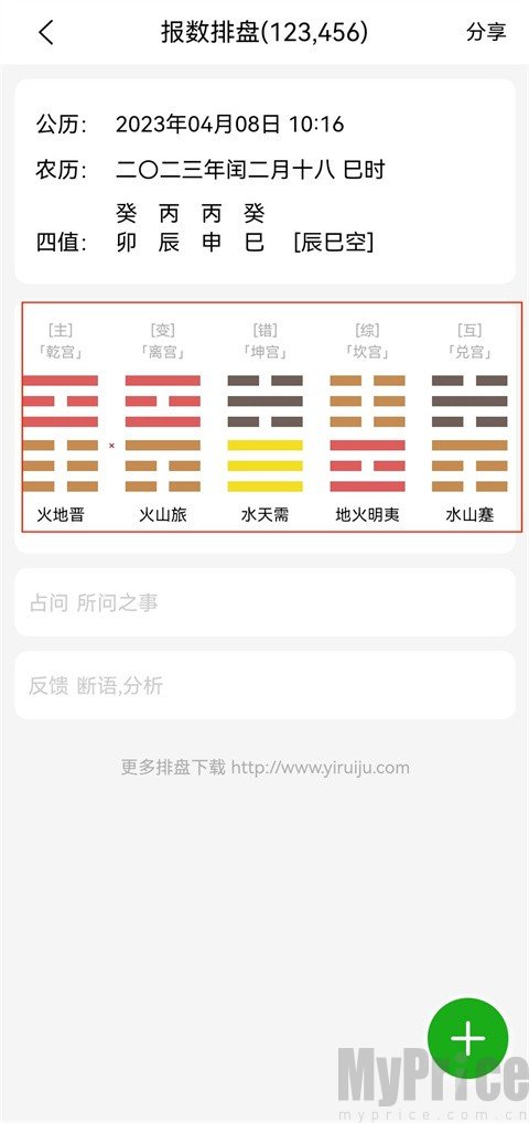 梅花易数笔记APP排盘结果展示页面