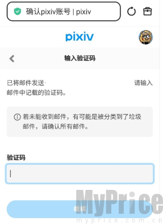 pixiv邮箱验证码输入界面