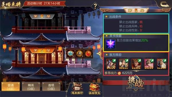灵塔点将关卡条件与守关阵容查看界面