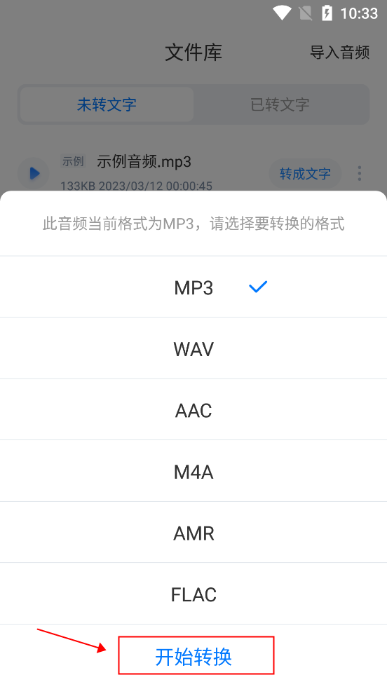 选择音频格式并开始转换界面